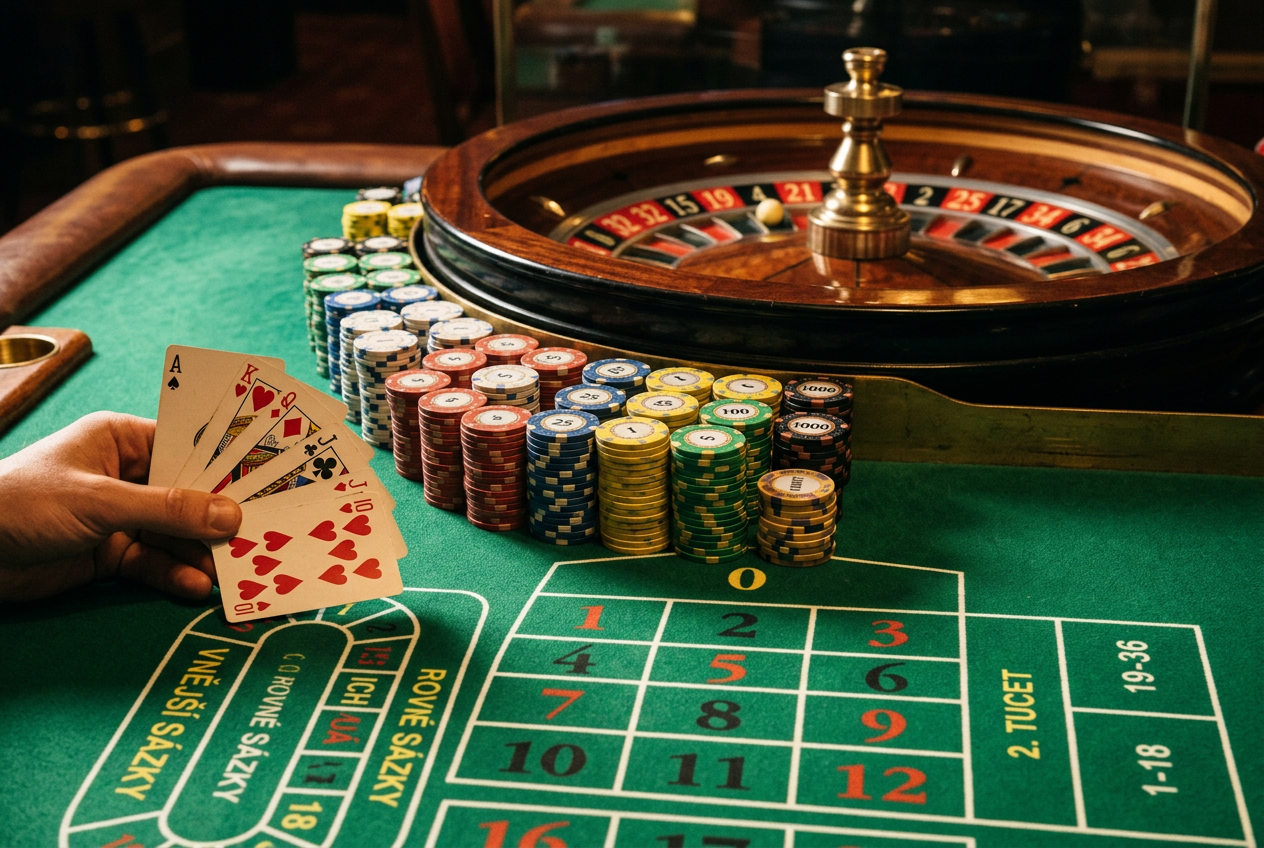 Detailní pohled na sázky na ruletovém stole s žetony